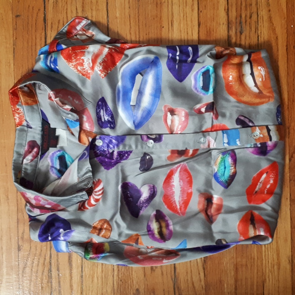 Simon Chang Silk Multicolour Lip Print Shirt